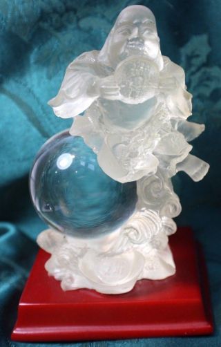 Antique Vintage Hand Carved Rock Crystal Sphere Mounted Buddha Statue 1900 