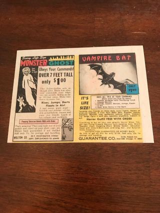 1975 Vintage 5x6.  5 Print Ad For Life Size Vampire Bat,  Monster Ghost Novelty Item
