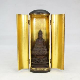 A191: Really Old Japanese Wood Carving Ware Buddhist Statue Guanyin With Zushi