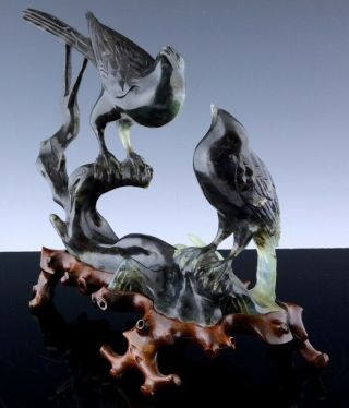 Fine Old Chinese Carved Jade Hardstone Double Birds Figural Study Statue W Stand