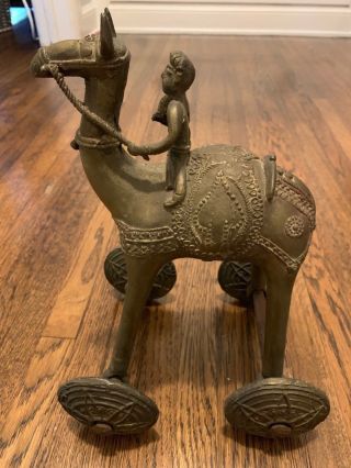 Antique Brass Temple " Mounted " Toy Camel,  Man In A Camel W/wheels.  Made In India