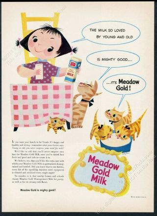 1953 Mary Blair Cat Kitten Little Girl Art Meadow Gold Milk Vintage Print Ad