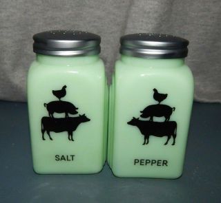 Farm Animals Salt Pepper Shakers Jadeite Glass Table Range Chicken Pig Cow R