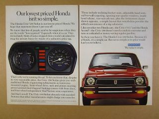 1978 Honda Civic 1200 Red Car Front View & Dashboard Photo Vintage Print Ad