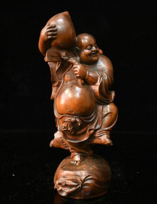8 Chinese Boxwood Wood Hand - Carved Happy Laugh Maitreya Buddha Hold Peach Statue
