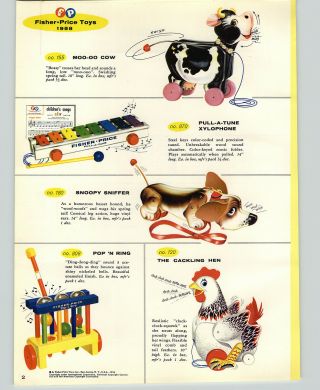 1958 Paper Ad 2 Sided Color Fisher Price Toys Snoopy Sniffer Dog Hen Cow Train