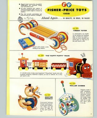 1958 PAPER AD 2 Sided COLOR Fisher Price Toys Snoopy Sniffer Dog Hen Cow Train 2