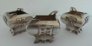 Antique Chinese Export Silver - Set Of 3 Salt Cellars & Glass Liners - Pohsing