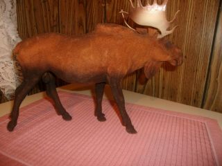 Antique Felted Bull Moose Figurine Plastic Horns Glass Eyes? 12 " X8 "