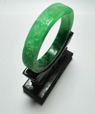Vintage Carved Chinese Green Jade Bracelet On Carved Wood Stand 53mm