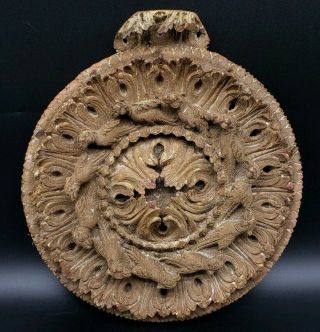 18th Century Indian India Carved Wood Architectural Roundel With Birds