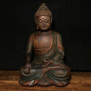 10 " Chinese Old Antique Camphor Wood Handcarved Sakyamuni Buddha Statue B2