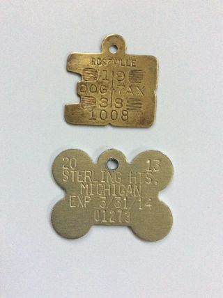 1938 Roseville Michigan Mi Dog Tax Tag 1008 License Brass Die Cut & Bonus Mi