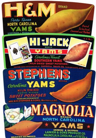4 Different Old Yam Crate Label 1950s Vintage North Carolina Delaware
