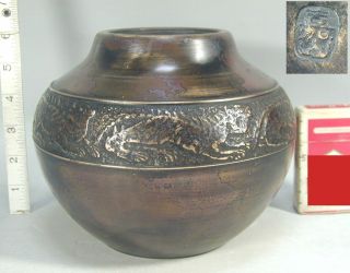 Ikebana 715 Japanese Antique Bronze Copper Dragon Tiger Art Deco Flower Vase Pot