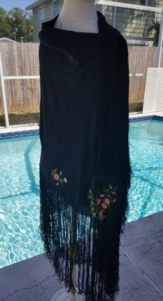 Black Silk Vintage Estate Pinao Shawl Scarf X Long Fringe H.  Embroidered Flowers