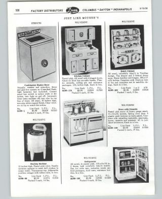 1958 Paper Ad Wolverine Toy Range Oven Stove Washing Machine Fridge