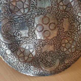 34 Old Rare Antique Islamic Ottoman Mamluk Copper Tray Silver Inlaid Calligraphy 7