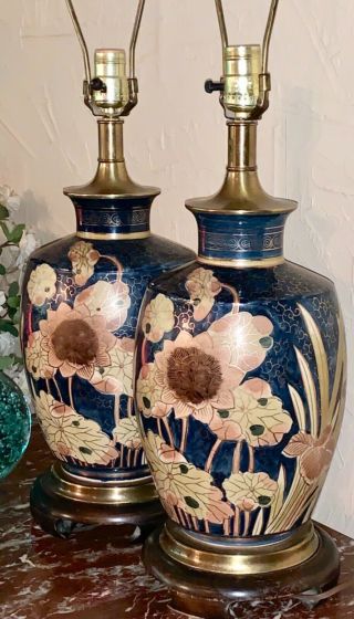 2 Tropical Asian Oriental Table Lamps Frederick Cooper Vintage Brass 3 Way 2