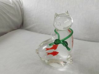 Solid Art Glass Kitty Cat Kitten With Gold Fish In Belly Figure Paperweight