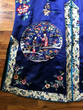 Antique Chinese Embroidered Blue Silk Robe Florals Qing Dynasty 2