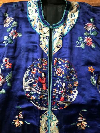 Antique Chinese Embroidered Blue Silk Robe Florals Qing Dynasty 3