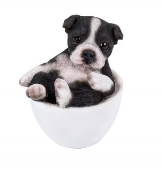 Black And White Boston Terrier Puppy Dog Teacup Pet Pal Mini Figurine Statue