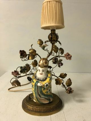 Antique Chinese Famille Rose Porcelain Figurine Lamp With Gilt Tole Flowers