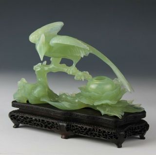 Chinese Export Hand Carved Green Jade Phoenix Bird Brush Pot Stone Sculpture Nr