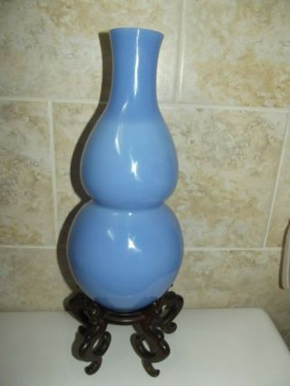 Antique Chinese Sky Blue Peking Glass Gourd Bottle Vase With Wooden Stand