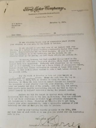 1923 FORD MOTOR COMPANY LETTER,  WITH N.  H and VT Oct Dealer Sales Report 2