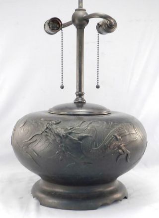Antique C1920 Solid Bronze Metal Chinese Dragon Lamp Asian Style Table Light