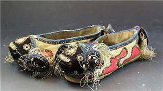 19C Chinese Silk Embroidered Child ' s Ceremonial Slipper Shoe Foo Dogs & Bells 3