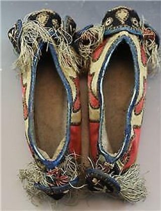 19C Chinese Silk Embroidered Child ' s Ceremonial Slipper Shoe Foo Dogs & Bells 5