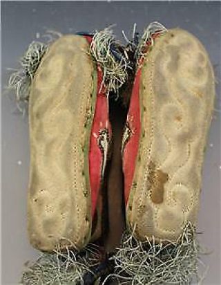 19C Chinese Silk Embroidered Child ' s Ceremonial Slipper Shoe Foo Dogs & Bells 6