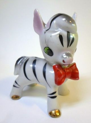Vintage Baby Zebra Figurine With Green Eyes And Red Bowtie Ceramic Made In Japan