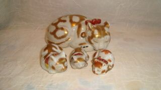 Vintage Japanese Kutani Porcelain White & Gold With Bow Sleeping Kitty Cats