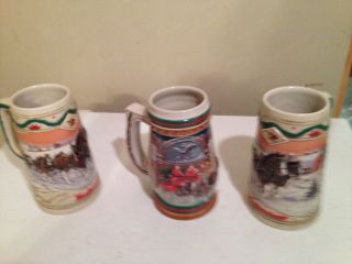 3 Budweiser Christmas Holiday Beer Steins Mugs - 2 From 1996 And 1 From 1997