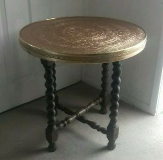 Antique Copper Brass Islamic Table Top W English Oak Folding 4 Twist Leg Base