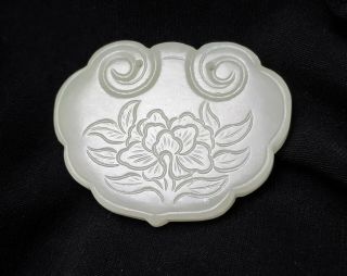 Chinese Carved White Jade Pendant Plaque W Flowers Signed On Back