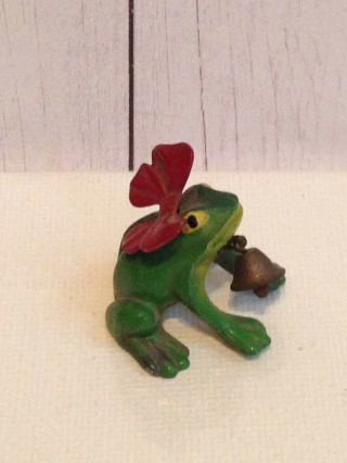 Vintage Metal Miniature Mini Cast Iron Painted Green Frog Figurine Red Bow Bell