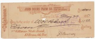 1897 Bank Check El Reno Oklahoma Territory John Deere Plow Company 440