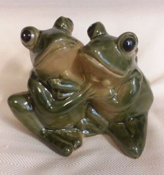 Vintage Glazed Ceramic Green Frog Figurine Couple - Hugging