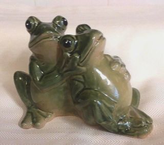 Vintage Glazed Ceramic Green Frog Figurine Couple - Cuddling