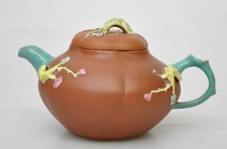 Antique Chinese Yixing Teapot Enamelled Molded Flower Decorations Marked