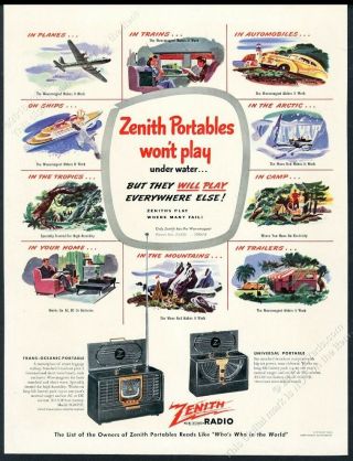 1947 Zenith Transoceanic & Universal Portable Radio Color Art Vintage Print Ad
