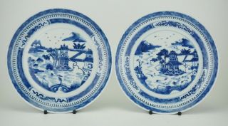 Pair Antique Chinese Blue And White Porcelain Landscape Plate Dish 18th C Qing