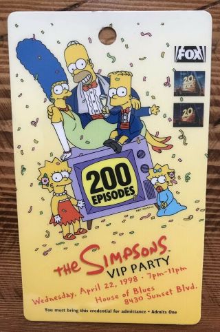The Simpsons Vip Party Badge 200 Episodes 1998 House Of Blues Fox Laminate