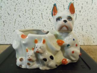 Vintage Porcelain Polka Dot French Bulldog & Puppies Htf Dog Ashtray Luster Old