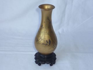 Antique/old Chinese Wooden Carved Lacquer Gilt Painted Vase On Stand - Marks